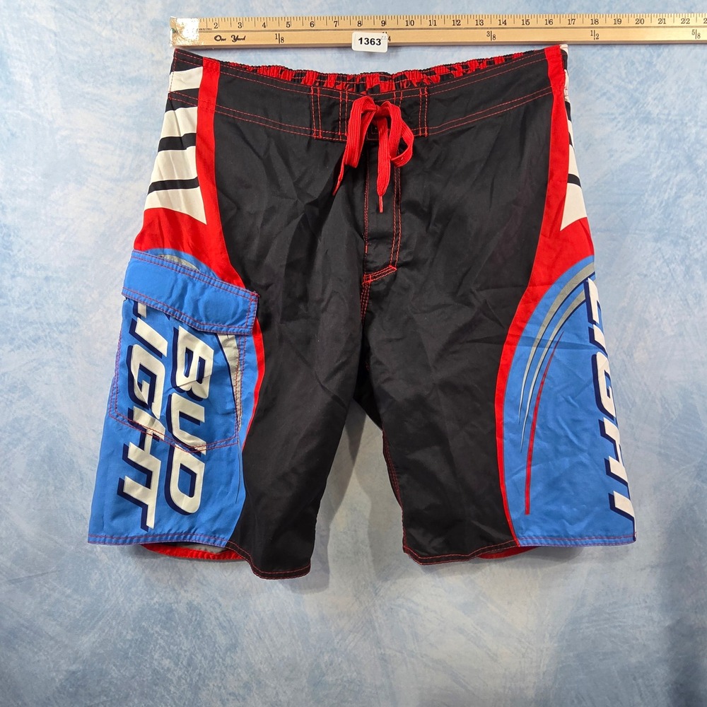 Bud Light Mens Board Shorts Size 34 Black Blue Red Swim Trunks Cargo Pocket Logo